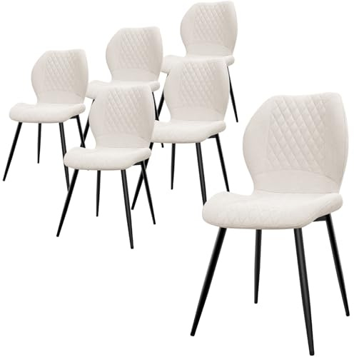 LEWE Lot de 6 Chaises de Salle à Manger en Lin, Style Quadrillé, Beige | Chaise de Salon, Pieds en Métal, Tapissées, Chaises de Cuisine sans Bras, pour Restaurant,Salon,Chambre à Coucher et Cuisine