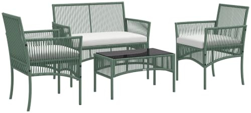 Outsunny Conjunto Jardín Exterior de Ratán 4 Piezas para Patio Verde Oscuro | Muebles Jardín Exterior, Muebles Terraza, 1 Sofá de 2 Plazas, 2 Sillones, Cojines, 1 Mesa de Tablero de Vidrio
