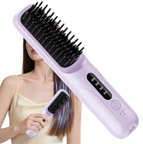 Cordless Hair Brush - Straightening Tool, Styling Device with Fast Heat, Travel Hair Straightener, Apartment Home Salon Business Trips, Women Men, Portable Mane Care Gadget, Smooth Glide