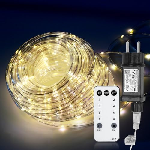 Ollewiellan 20M Lichterschlauch Aussen Warmweiß, LED Lichtschlauch mit Fernbedienung und Timer, 200 LEDs, IP65 wasserdicht, dimmbar, Memory-Funktion, für Garten Balkon Weihnachten