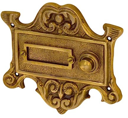 Antik Türklingel, P9181, aus Messing, patiniert, mit Klingelplatte und Klingeltaster - handgefertigt nach antiken Vorlagen