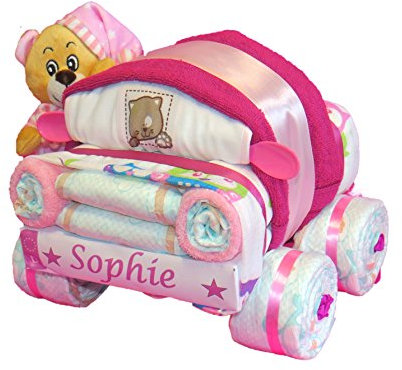 Windeltorte | Kleines Windelauto mit Schlafbär rosa | Windelgeschenk Mädchen