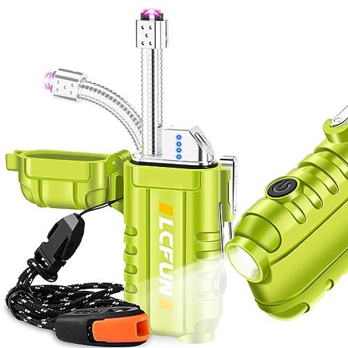 Electric Rechargeable Arc USB Lighter, Plasma Candle Lighter Long Retractable Neck, Windproof and Waterproof with Flashlight for Camping, Survival, Hiking, Tactical, EDC Gear