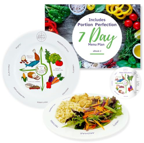 Portion Perfection PORCELAIN Weight Loss Plate for Women & Men | 2 Weightloss Serving Sizes on all 10 inch Adult Portion Control Plates, Ideal Weight Loss Products For Diabetes & Healthier Diets |