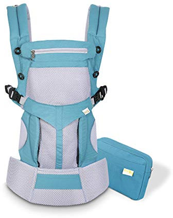 SONARIN Premium Atmungsaktive Babytrage mit Aufbewahrungstasche,Ergonomisch,Sonnenschutz haube,für Neugeborene& Kleinkinder (0-48 Monate),Maximale Belastung 20kg,Baby Tragetasche(Blau)