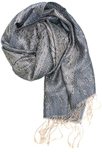 ufash Pashmina 100% Seidenschal aus Indien für Damen & Herren, Paisley Muster, 160 x 35 cm - Schal aus reiner Seide, Grau 2