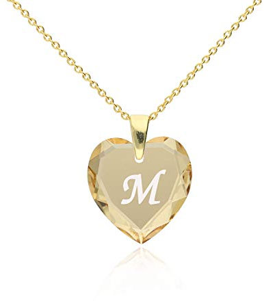 Damen Ketten mit Gravur 925 Silber vergoldet, SWAROVSKI ELEMENTS Herz Anhänger Farbe Golden Shadow Buchstabengravur M , Herzkette als Geschenk für die Frau, Freundin oder zum Valentinstag