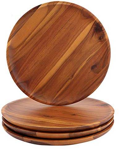AIDEA Acacia Wood Dinner Plates, 8 Inch Round Wood Plates Set of 4, Easy Cleaning & Lightweight for Dishes Snack, Dessert, Unbreakable Classic Charger Plates - for Christmas Gift