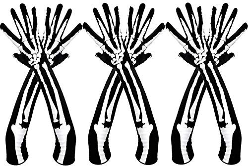 3 Paar Halloween Vollfinger Skelett Handschuhe Kostüm Zubehör für Halloween Party (Langes Skelett, Erwachsenengröße)