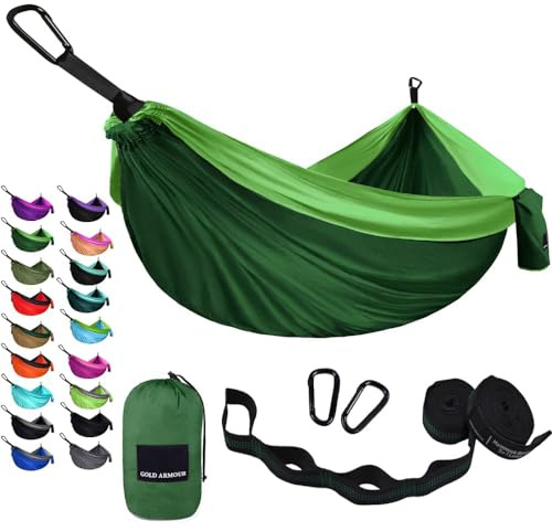 Gold Armour Camping Hammock - USA Brand Single Parachute Hammock (2 Tree Straps 10 Loops/20 ft Included) Lightweight Nylon Portable Adult Kids (Green and Green)