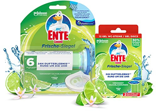 WC-Ente Frische Siegel Vorteilspack,Starter Set (inkl. Nachfüller) + Nachfüller (2 St.),körbchenloser WC-Reiniger,Limone