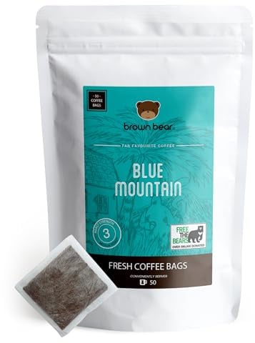 Medium Roast Coffee Bags - Pack of 50 - Brown Bear Blue Mountain Blend - Strength 3 - Donation to Free The Bears - Individual Arabica Ground Coffee Bags Like Tea Bags