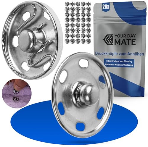 Druckknöpfe zum Annähen, Ø 17 mm aussen, 20 Paare, in Silber, aus Messing, Druckknopf für Bekleidung, Bastelarbeiten, DIY Projekt, Reparatur Knöpfe Nähzubehör, Druck Knopf Nähen, Ersatz Metallknöpfe