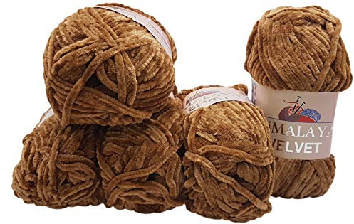 5 x 100 Gramm Himalaya Velvet Micro-Polyester Strickwolle, Babywolle samtig 500 Gramm Wolle (braun 90037)