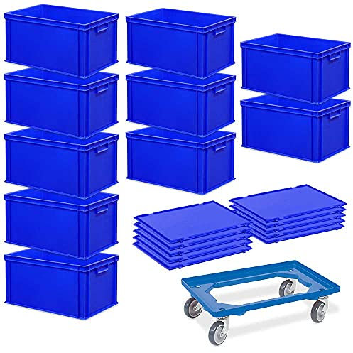 BRB 10 Euroboxen, LxBxH 600x400x320 mm + 10 Scharnierdeckel + 1 Transportroller, blau