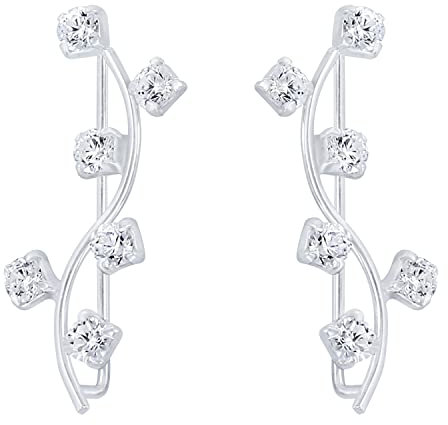 LÖB Damen Ohrklemme 925 Silber Bogen Blatt mit Zirkonia Glitzer Strass Steinen Ear Cuff Ohrringe Ohrstecker Ohrmanschette Ohr Kletterer Lang