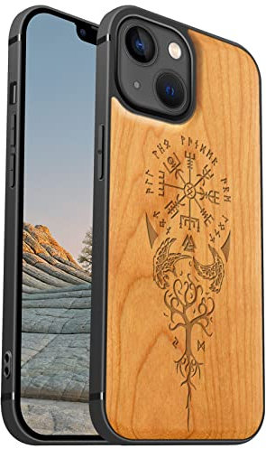 Carveit Coque magnétique pour iPhone 13 [amulette Cerise] [Pare-Chocs en TPU Souple] Coque de téléphone Antichoc Compatible avec 13 Magsafe Coque Bois (Viking Compas)