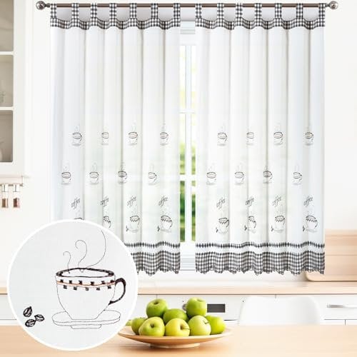 BOD HOME, 2 Piezas, Cortinas Blancas Translúcidas con Trabillas. Cortinas para Cocina, Diseños de Frutas y Tazas con Acabado de Color. Cortina Media Altura Hecha de Poliéster, 150x150cm (AnchoxAlto)