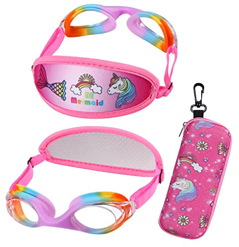 Occhialini da nuoto per bambini 3-14, con cinturino in tessuto elastico, per ragazze, arcobaleno con custodia, senza tirare i capelli, elastico da nuoto con sirena unicorno