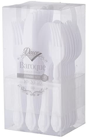 Decor Decorline - Ensemble de couverts réutilisables en plastique robuste - 40 pièces - Chacun avec 20 fourchettes, 10 couteaux et 10 cuillères - Baroque Collection - Blanc