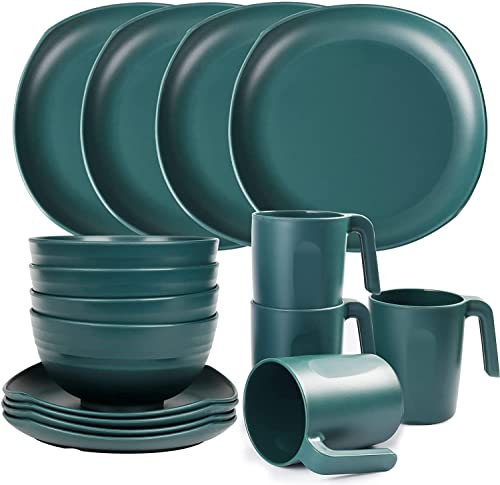 Greentainer Service de vaisselle en polypropylène Léger et incassable 16 pcs Service de table pour enfants et adultes Service de table avec 4 assiettes à dessert, 4 bols, 4 tasses pour 4, Vert foncé