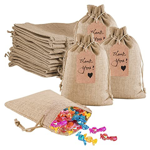 Penubuy stoffbeutel klein mit Kordelzug, 24-teilige Jutesäckchen Geschenktüte mit Geschenkanhänger, für Handwerk DIY Schmuck Hochzeit Party Weihnachte (Primärfarbe)