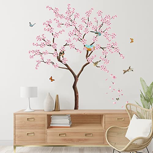 AnFigure Rose Fleur Arbre Stickers Muraux pour Salon, Chambre Femmes et Filles - Oiseaux sur Branche, Papillon, Nature, Plante - Décoration Murale pour TV et Canapé