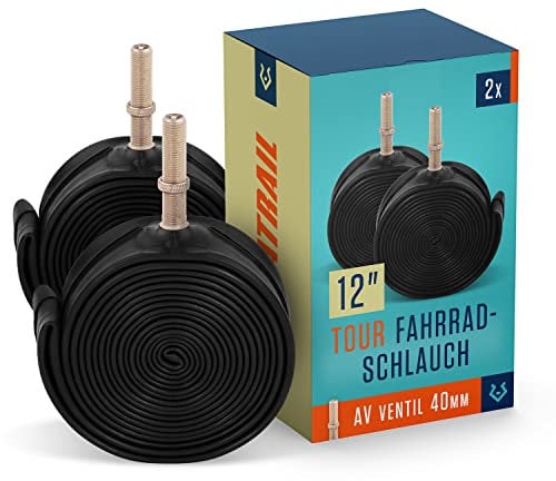 Alphatrail Fahrradschlauch Rick 12 Zoll AV Autoventil 2X Set mit Mobilitätsgarantie I Kompatible Fahrradreifen Schwalbe, Continental, Conti, Michelin, Kenda & Maxxis Fahrrad Schlauch