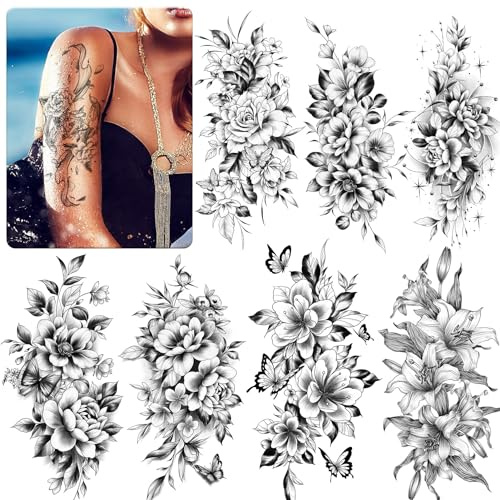 12 Blätter Half Arm Blumen Temporäre Tattoo für Frauen und Erwachsene - Große Körper und Hand Tattoo-Aufkleber für Mädchen, Hals, Arm