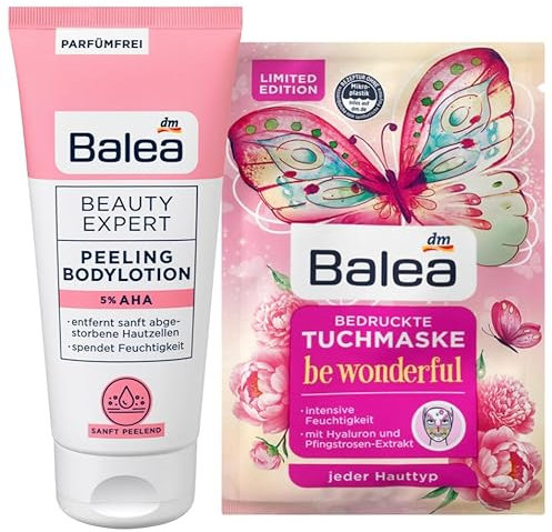 Balea Körperlotion Beauty Expert PEELING BODYLOTION mit 5% AHA entfernt sanft abgestorbene Hautzellen für ein glattes Hautbild (200 ml) + Tuchmaske BE WONDERFUL bedruckt mit einem Schmetterling 1 St.