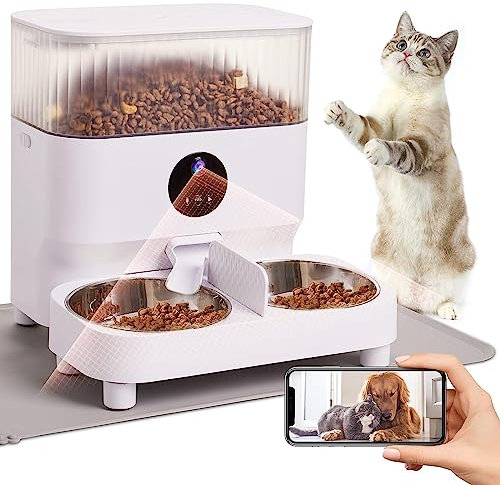 Comederos Automáticos para Gatos, Alimentador WiFi para Mascotas con Cámara 1080P para 2 Gatos Y Perros, Dispensador Automático De Comida para Perros De 5L con Alfombrilla De Alimentación