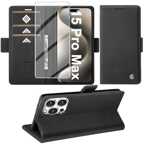 Giyer Handyhülle für iPhone 15 Pro Max Hülle mit Schutzfolie, Standfunktion Kartenfach Wallet Premium Leder Schutzhülle für iPhone 15 Pro Max 2023 Flip Case Cover Tache Stoßfeste Klapphülle (Schwarz)