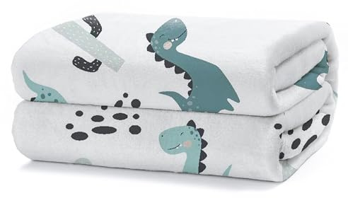 HOMEYA - Manta Sofa Pequeña 130 x 160 - Manta Infantil para Cama. Manta Polar, Franela 100% Poliéster, Suave, Acabado con Brillo - Dinosaurio Blanco