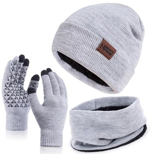Nertpow Mütze, Schal & Handschuh-Sets für Damen Herren, Touchscreen Handschuhe Winter Beanie Mütze Stricken mit Fleece Gefüttert Schal Halswärmer Geschenk Set(Handschuhe&Mütze&Schal Hellgrau Weiß)