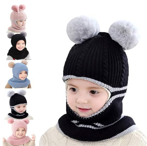 Siribelle Kinder Wintermütze Schals Ohrenklappe 3 in 1 Winter Strickmützen Mützen Jungen Mädchen Kleinkinder Beanie Warme Fleece-Mütze für Alter 1~5 Schwarz2