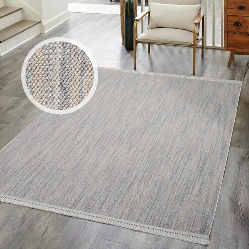 carpet city Kurzflor Teppich Wohnzimmer Grau - 120x170 cm - Einfarbig, Meliert - Fransen-Teppiche Modern, Boho für Schlafzimmer, Esszimmer