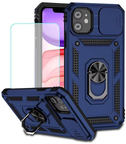 Jhxtech Schutzhülle für iPhone 11 Hülle 6.1 Hülle mit gehärtetem Glas Displayschutzfolie und Schieber für die Kamera, Magnetischer Ring Autohalterung Handyhülle für Apple iPhone 11 Blau