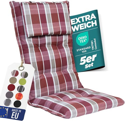 gardisun Gartenstuhlauflagen Hochlehner mit Kopfteil, 5er Set, Rot kariert | Extra Dicke Sitzauflagen, Made in EU, Polsterauflagen für Hochlehner, Auflagen mit extra hoher Lichtechtheit