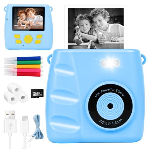 Kinderkamera Sofortbildkamera 2,4 - 1080P Bildschirm DigitalKamera Kinder mit Druckpapier 32GB Karte丨Kinder Kamera Pielzeug für 3-12Jahre Mädchen Junge Geburtstagsgeschenk Weihnachten(Blau)