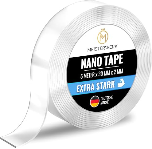 MEISTERWERK - Doppelseitiges Nano-Klebeband [EXTRA STARK] - Klebstofffrei & Spurlos dank Gecko-Effekt I Rutschfest - Waschbar & Wiederverwendbar