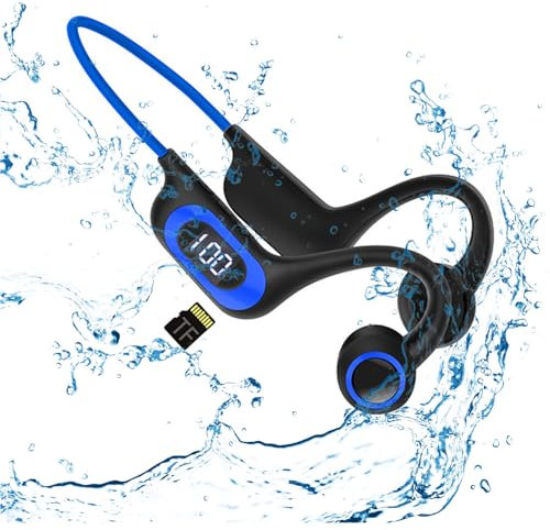 Bone Conduction Headphones,Wireless Bluetooth Open Ear Headphones with Mic,Waterproof Sports Earphones Power Display TF Card Slot Sweatproof Earphones for for Sports,Running,Hiking,Cycling (Blue)