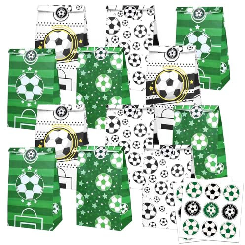 12 Stück Fußball Papiertüten,Kommt mit 18 Aufklebern Fußball Geschenktüte,Geschenktüten Kindergeburtstag,Tüte Fuer Partys Fuer Fussball,Papiertüten Kindergeburtstag,Papiertüten Weihnachten