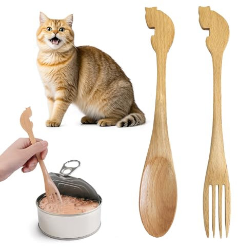 Dog Food Fork and Spoon, 2 pcs Wooden Easy Clean Cute Cat Food Scoop Widely Apply Spoon and Fork Set for Can Desserts Coffee