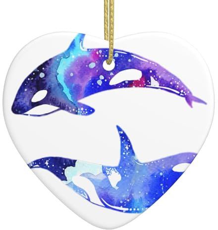 Orca Killer Wal Weihnachtsbaum Keramik Hängend für Christbaumschmuck Herzförmiger Anhänger mit Goldseil