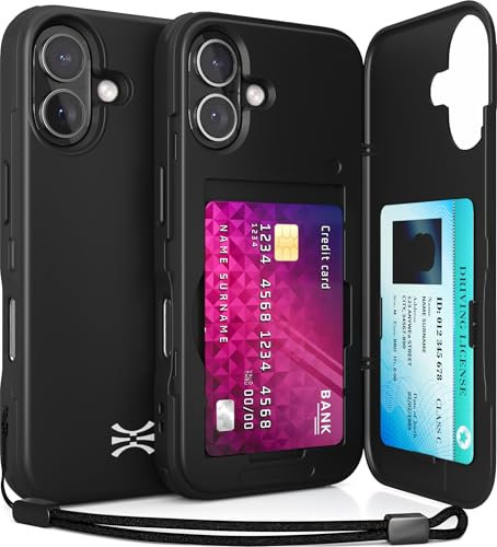 TORU CX SLIM for iPhone 16 Case Wallet | Protective Shockproof Heavy Duty Cover with Hidden Card Holder & Card Slot | Mirror & Wrist Strap Included - Black