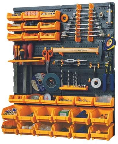 Panneau porte Outils 66 x 78 x 1.7cm 4 panneaux perforés 15 petits - 12 grands bacs 38 Crochets Etagère murale