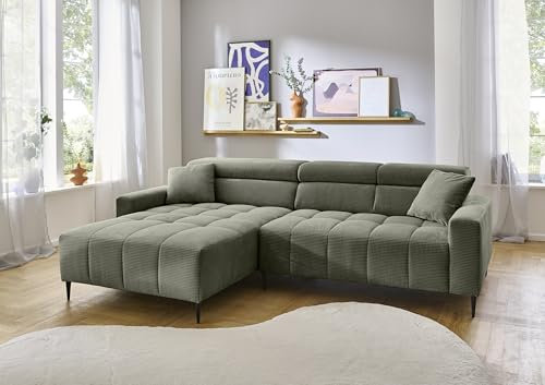Wohnlandschaft >Stanislaw< in grün, Ottomane Links, elektrische Sitztiefenverstellung, Metallfüße schwarz gepulvert, Nosagunterfederung, Polyätherschaum, inkl. 2 Zierkissen, 256x78-100x180 cm (BxHxT)