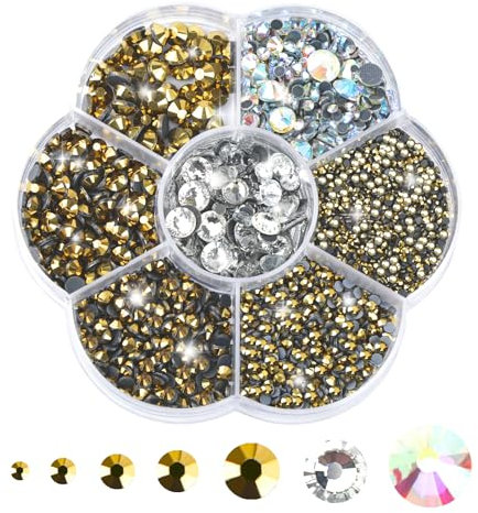 3000 Stück Glitzersteine, 7 Größen Strasssteine Selbstklebend, Runde Hotfix Strasssteine, Klare Strasssteine für Textilien Nagel Kunst Kleidung DIY Handwerk (Mine-Gold)