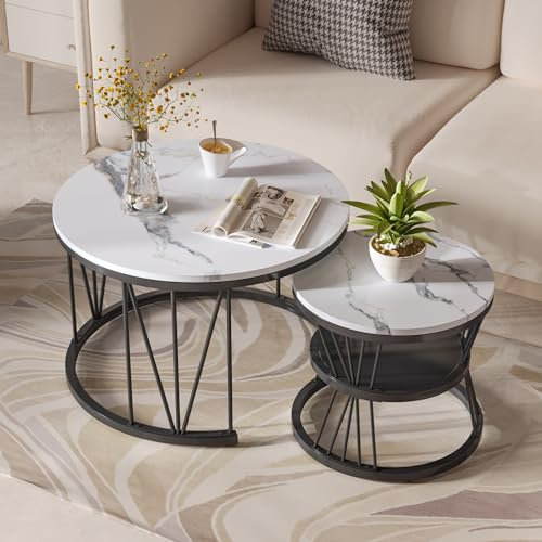USROCAS Couchtisch Rund Weiß 2er Set, Marmor Couchtisch mit Schwarz Metallrahmen, Zweistufiger Desktop, Marmorfurnier, V-förmiger Stützrahmen, Modern Wohnzimmertisch(Schwarz Rahmen + Weiß Desktop)