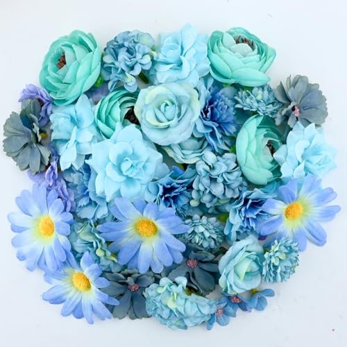 PORUPAEL 40 Stück Kunstblumen Blumenköpfe, Blumen zum Basteln mit 10 Stile, Künstliche Blumen Mini Seidenblumen, Künstliche Blütenköpfe für Kuchendekorationen Hochzeit Home DIY Scrapbooking (Blau)